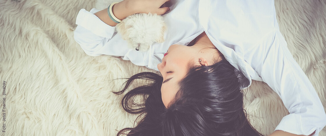 Headerbild | Schallschutz | Schlafende Frau mit Hund | Der Dämmstoff | Foto von Jess Foamie auf Pixabay