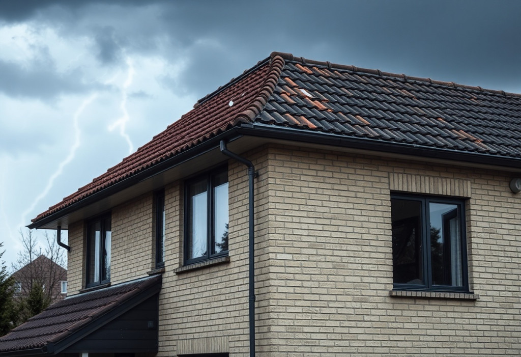 Verklinkertes Einfamilienhaus, über dem sich ein Gewitter ausbreitet | Foto von ki-bild-erstellen.de & FMI