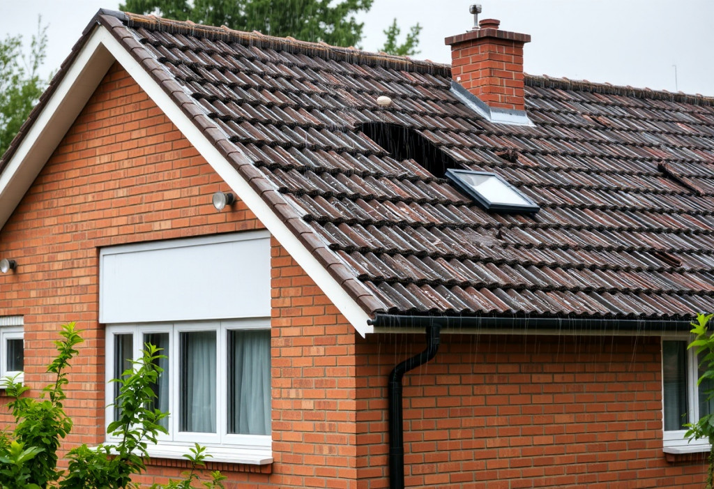 Einfamilienhaus mit einem undichten Dach, in das es hineinregnet | Foto von ki-bild-erstellen.de & FMI