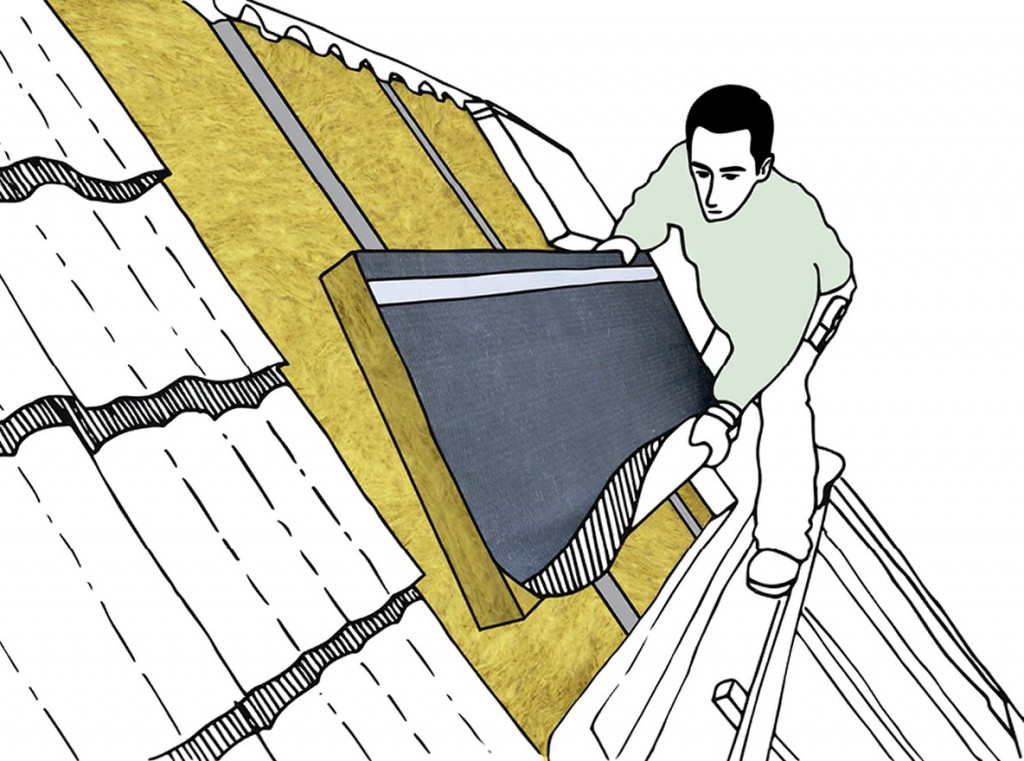 Handwerker bringt eine Aufsparrendämmung mit Mineralwolle an | Der Dämmstoff