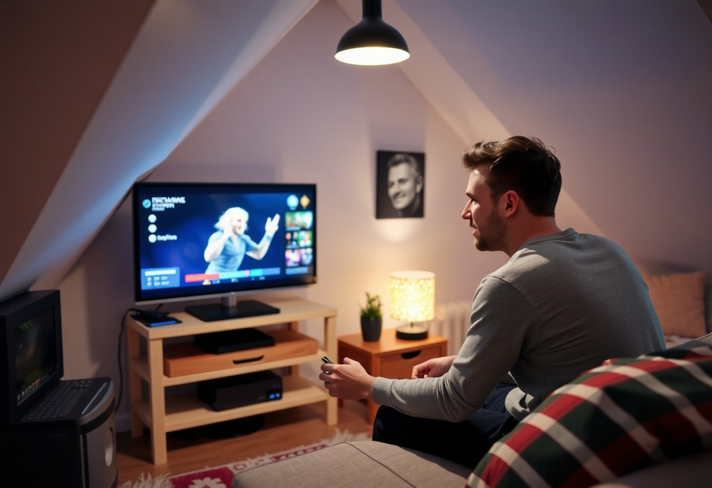 Zimmer im Dachgeschoss | Junger Mann schaut Fernsehen | Der Dämmstoff