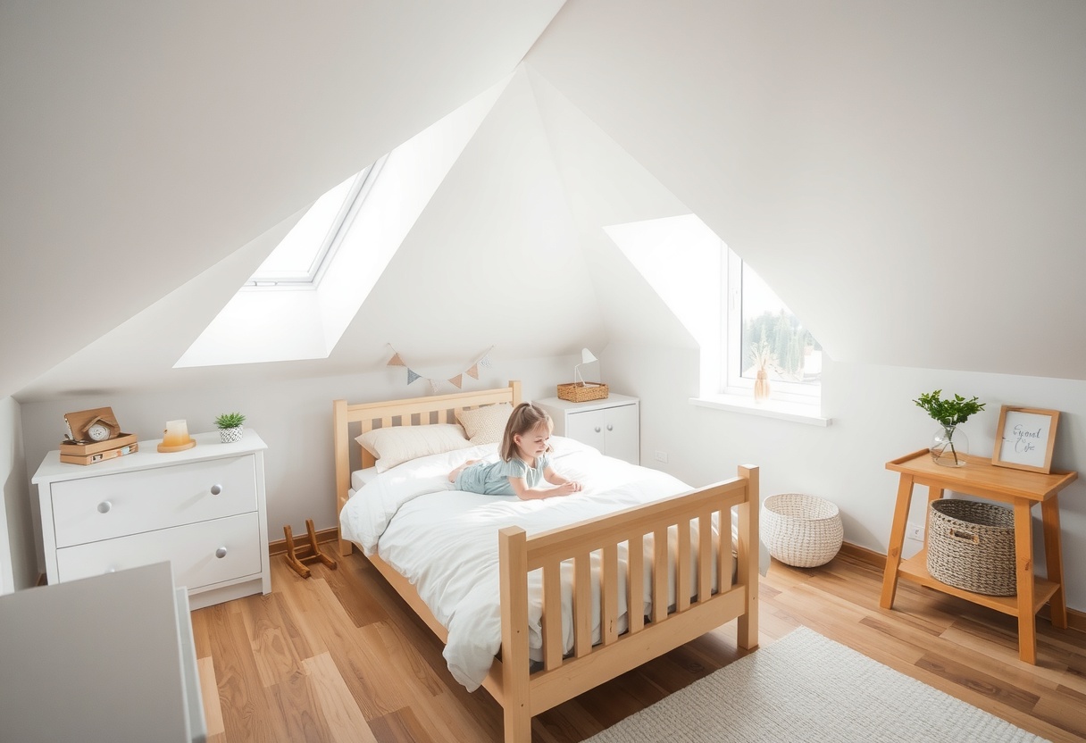 Helles Kinderzimmer unter dem Dach | Kleines Mädchen auf dem Bett | Der Dämmstoff