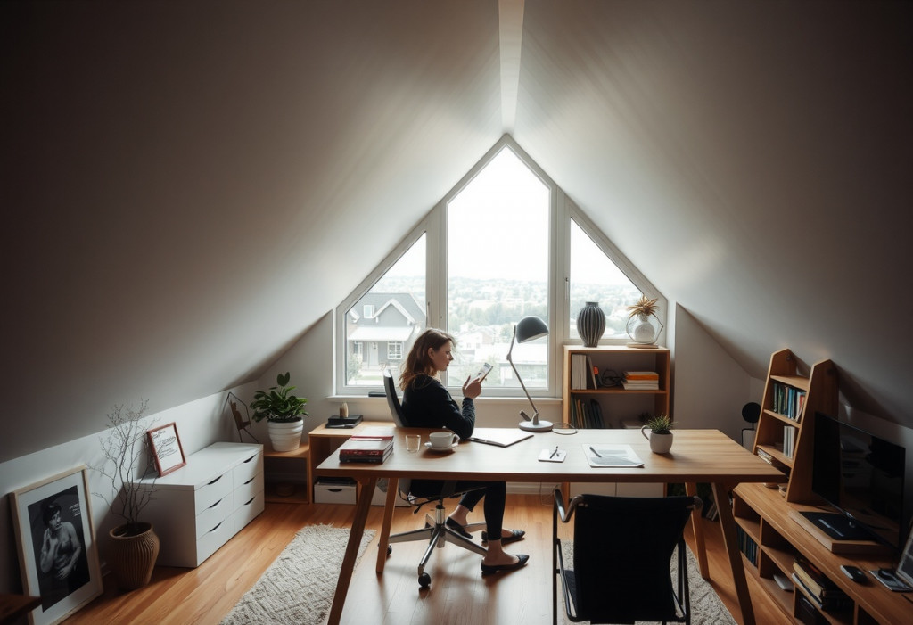 Büro im Dachgeschoss | Junge Frau mit Smartphone in der Hand | Der Dämmstoff