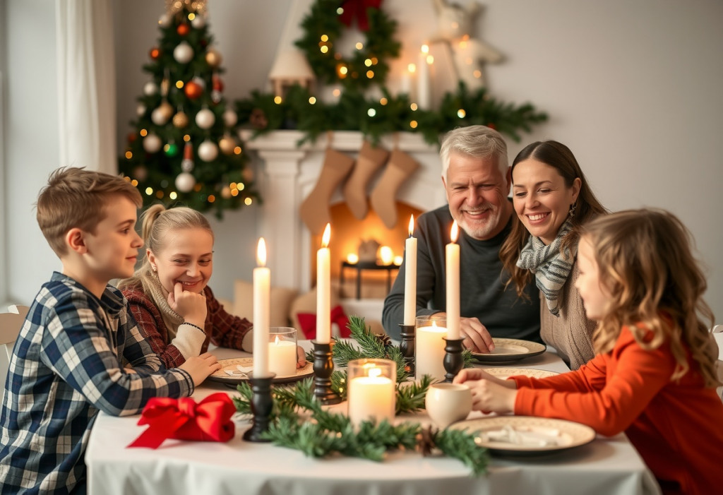 Weihnachten | Familie mit Kindern am Esstisch | Der Dämmstoff | Symbolbild, KI-generiert vom FMI
