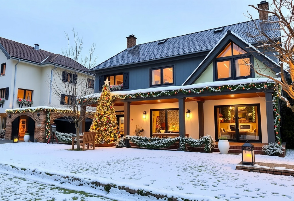Weihnachten | Dekoriertes Einfamilienhaus | Außenansicht | Der Dämmstoff | Symbolbild, KI-generiert vom FMI