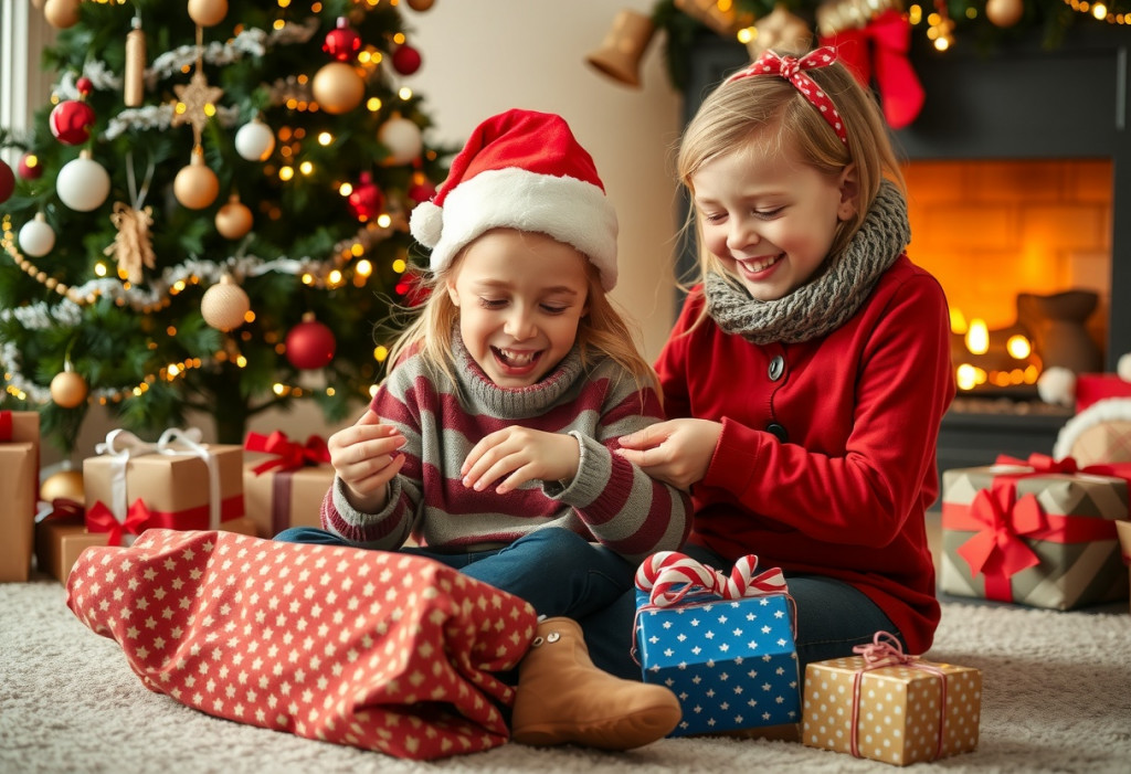 Weihnachten | Zwei Mädchen packen Geschenke aus | Der Dämmstoff | Symbolbild, KI-generiert vom FMI