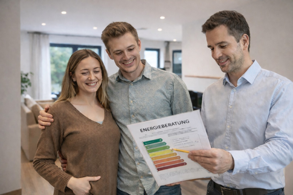 Energieberater berät ein junges Ehepaar zur energetischen Sanierung ihres Eigenheims | Der Dämmstoff | Symbolfoto, KI-generiert vom FMI