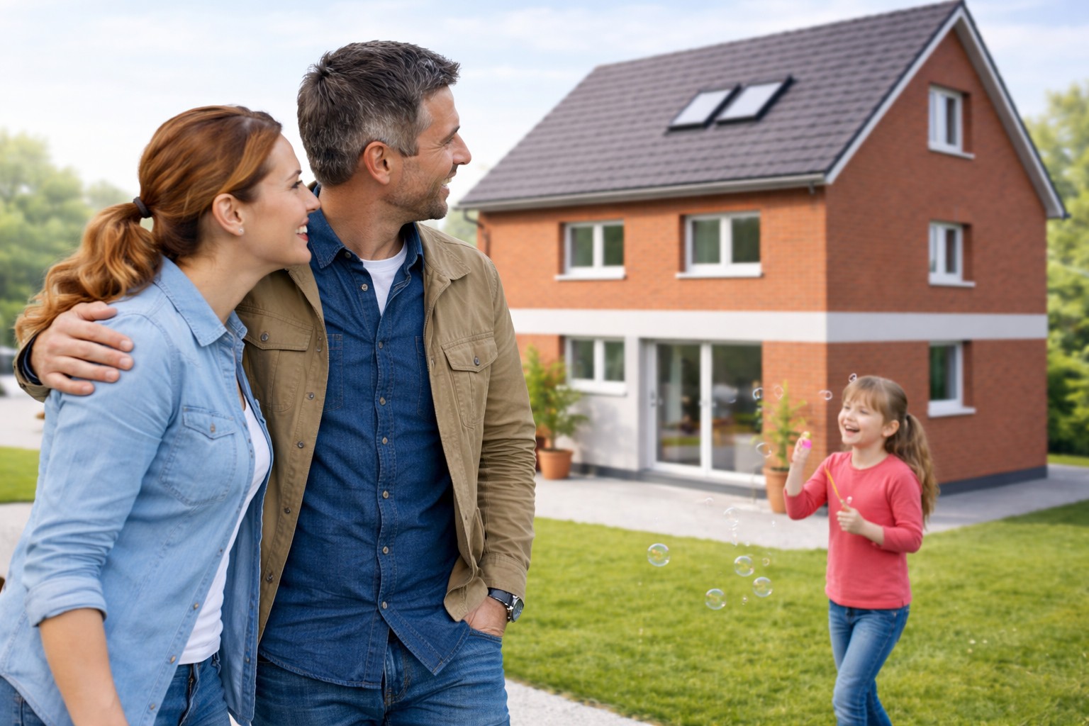 Familie befindet sich vor ihrem energetisch modernisierten Haus | Der Dämmstoff | Symbolfoto, KI-generiert vom FMI