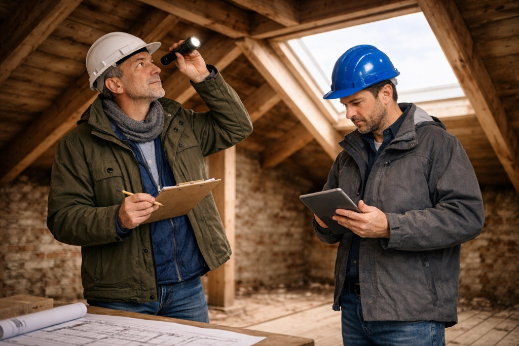 Ein Energieberater und ein Hauseigentümer begutachten das Dach eines alten Wohnhauses | Energetische Sanierung | Der Dämmstoff | Symbolfoto, KI-generiert vom FMI