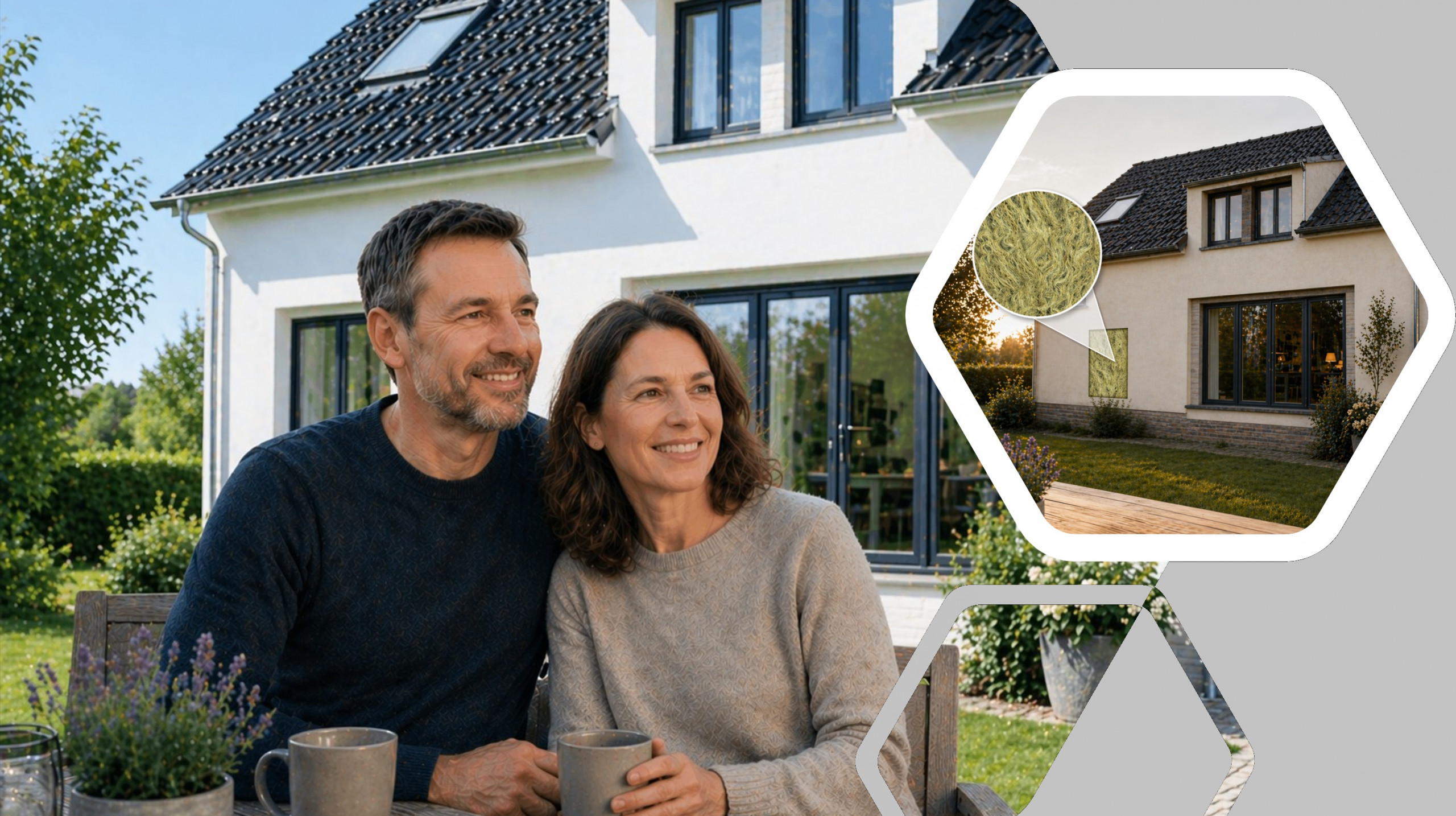 Headerbild | Ehepaar verbringt gemütliche Zeit auf der Terrasse seines energetisch sanierten Hauses Hauses | Der Dämmstoff | Symbolbild, KI-generiert vom FMI
