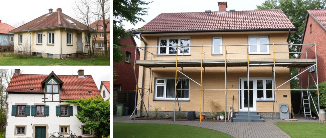 Alte Wohnhäuser | Worst Performing Buildings | Schlechte Energieeffizienz | Collage von ki-bild-erstellen.de und FMI