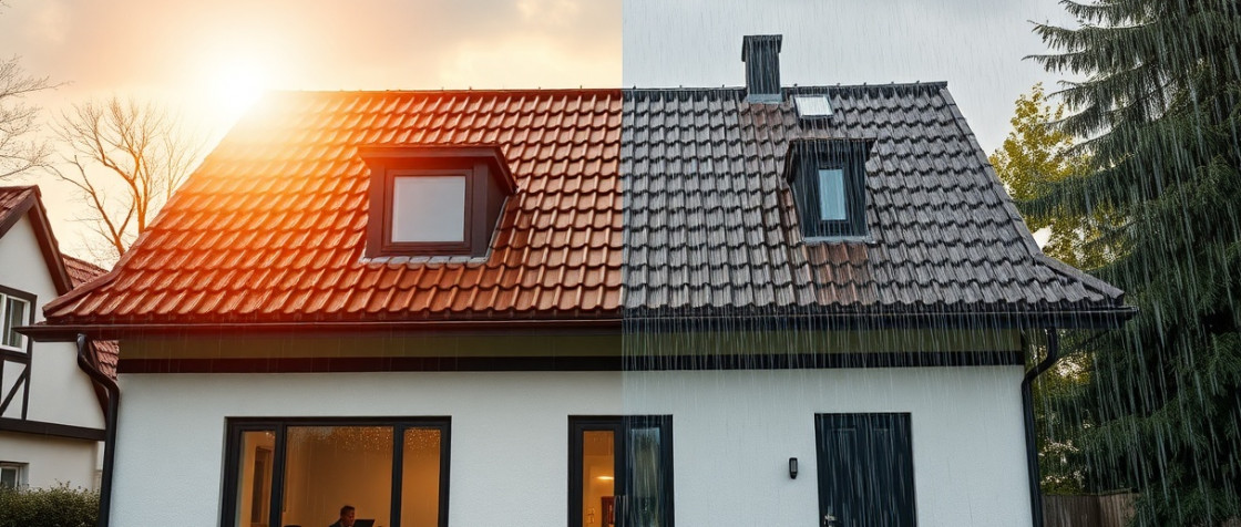 Einfamilienhaus mit einer Hälfte Sonne und einer Hälfte Regen | Foto von ki-bild-erstellen.de & FMI