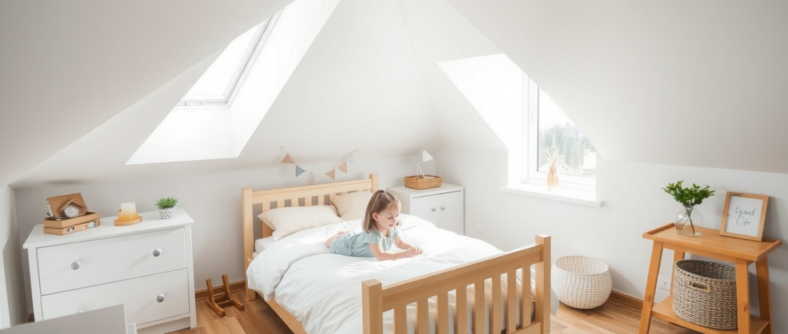 Helles Kinderzimmer unter dem Dach | Kleines Mädchen auf dem Bett | Der Dämmstoff
